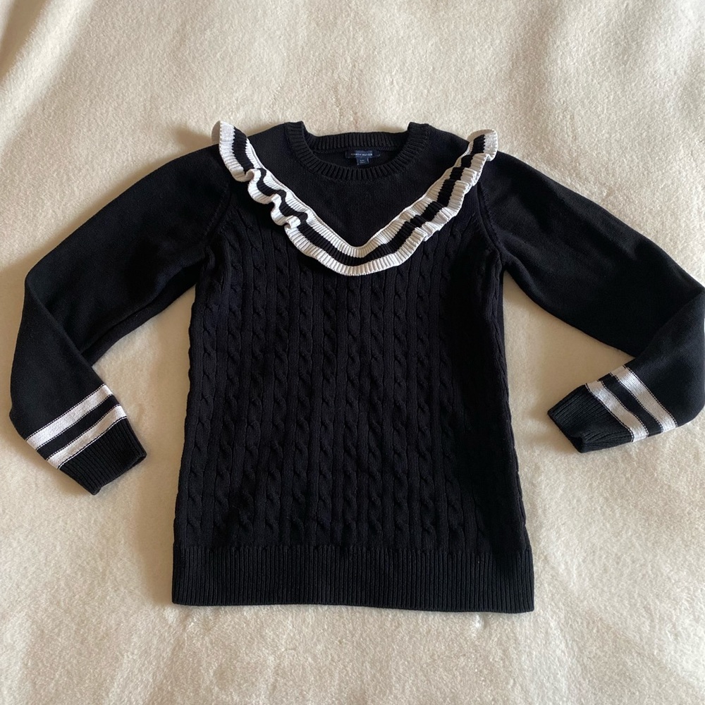 Tommy Hilfiger cotton cable sweater | black | ruffle | preppy | country club | L